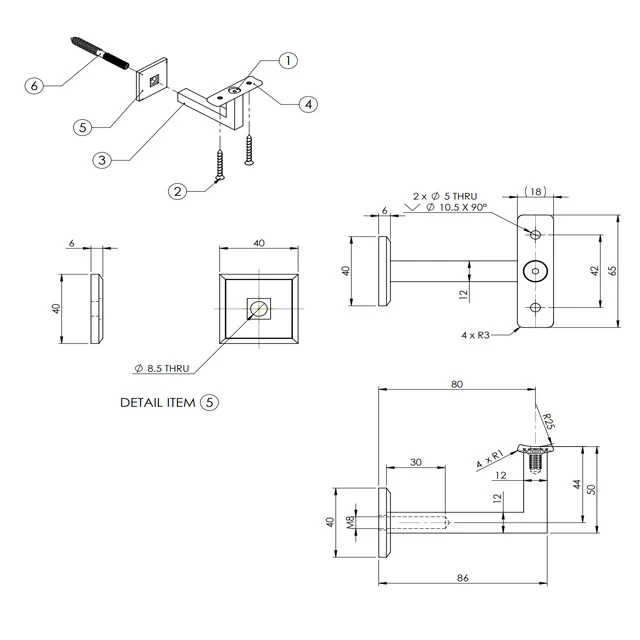 80mm Square Handrail Bracket - Curved Cradle (Mirror) - Image 3