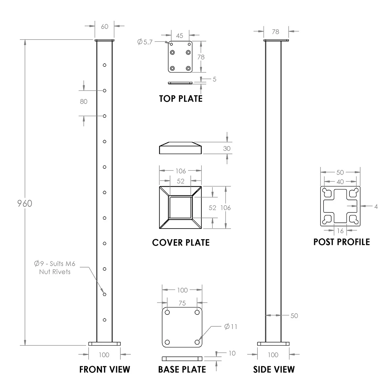 Square End Post for Horizontal Balustrade - Black - Image 6