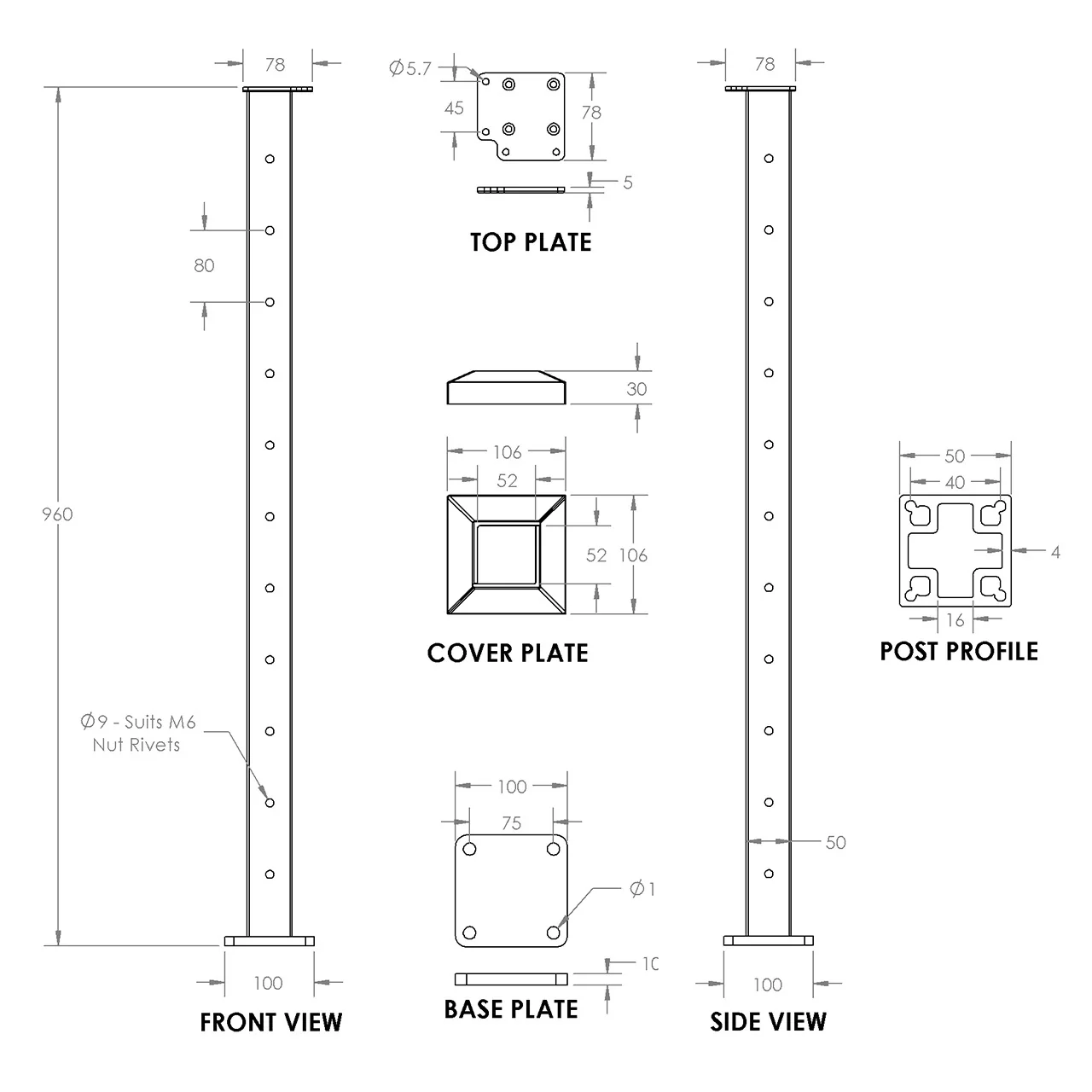 Square Corner Post for Horizontal Balustrade - Black - Image 6