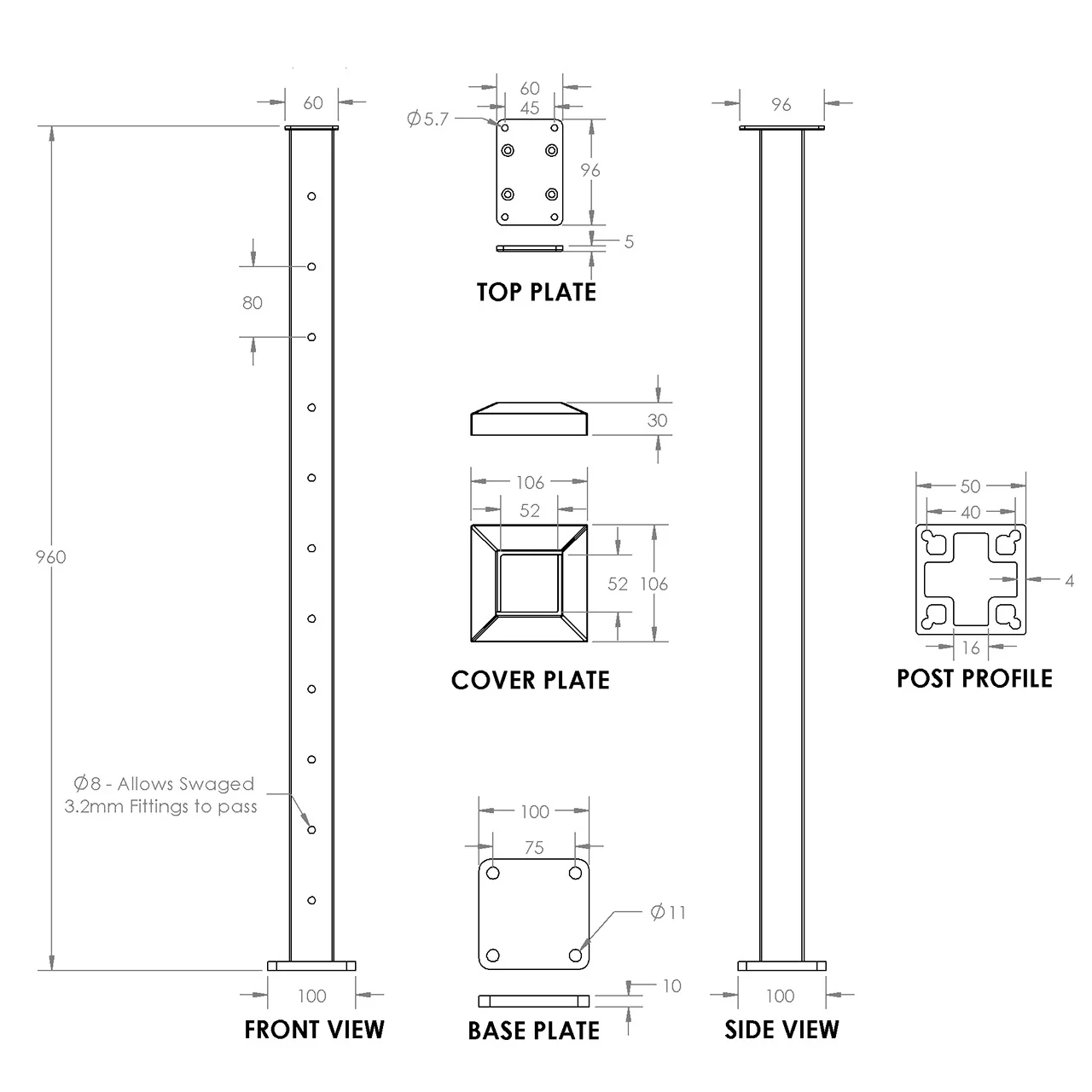 Square Intermediate Post for Horizontal Balustrade - Black - Image 6