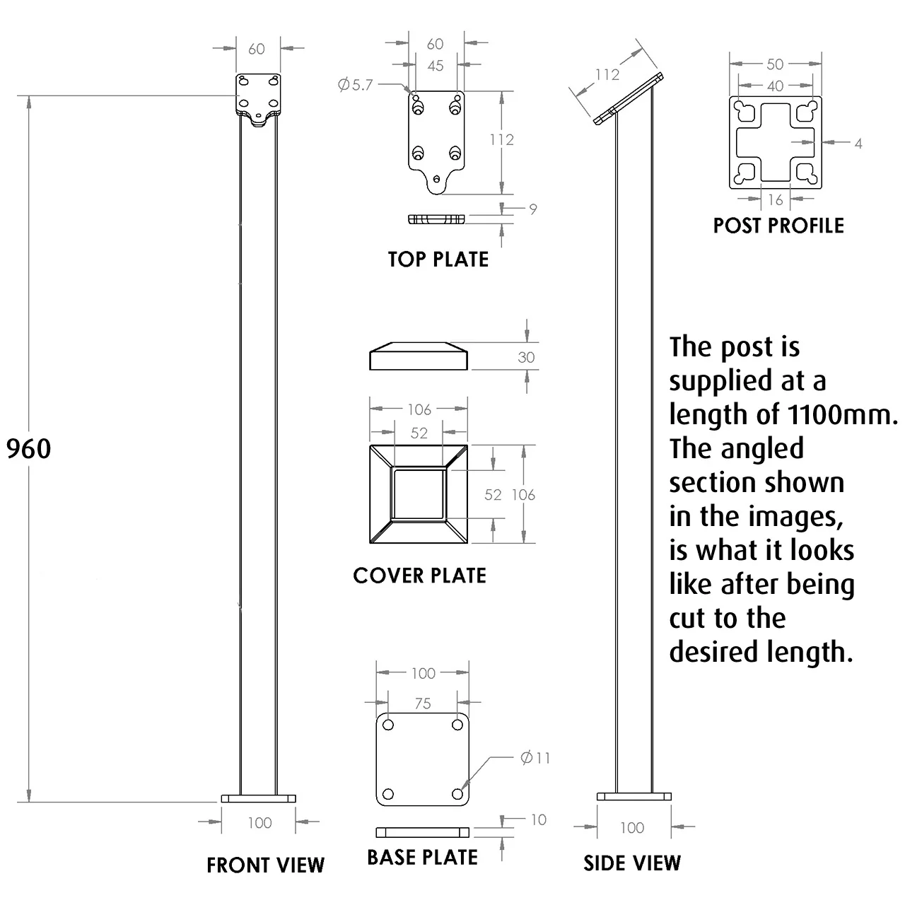 Plain Post for Angled Balustrade - Black - Image 3